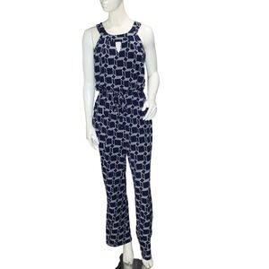 En Focus Studio Navy Geometric Wide Leg Jumpsuit Sz 8 Sleeveless Keyhole
